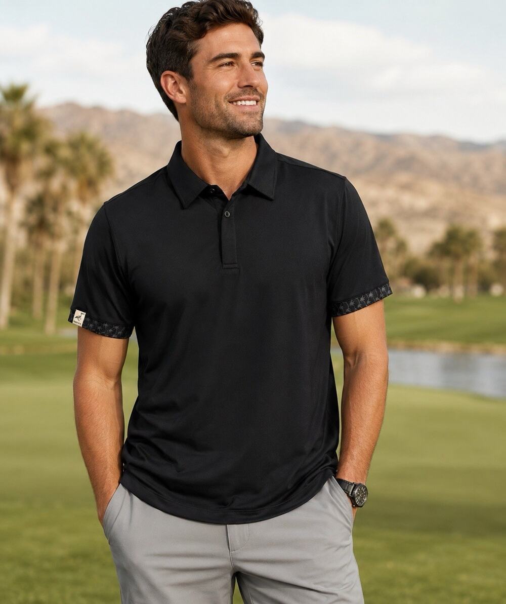 Mantra Catalyst Polo Shirt Mens Medium Black Palm Contrast Golf Performance